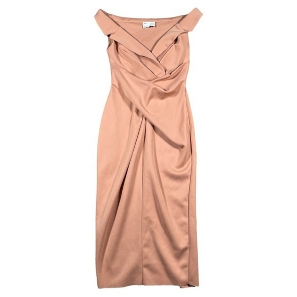ASOS Design Off Shoulder Collar‎ Tuck Pencil Midi Dress Size 4 Beige